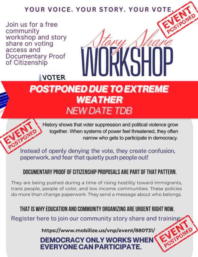 Saturday 1/24 Story Share Event POSTPONED Due to Extreme Weather Conditions