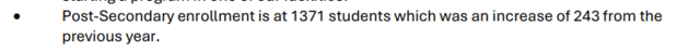 "Post Secondary Enrollment is at 1371 students which was an increase of 243 from the previous year."